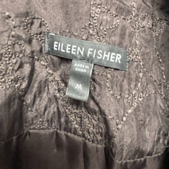 Eileen Fisher Brown Silk Open Front Embroidered Jacket Size Medium Quiet Luxury - Picture 4 of 5